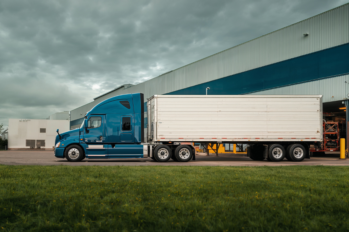 Semi-truck leaving distribution center at dawn representing rising freight rates and changing logistics market conditions in 2026