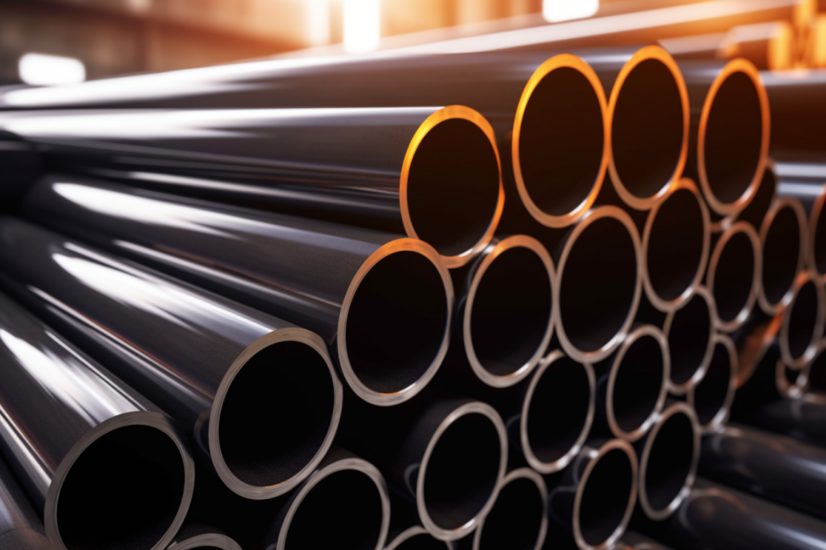 Stacked steel pipes used in manufacturing, illustrating the impact of steel tariffs on global trade and industrial supply chains.